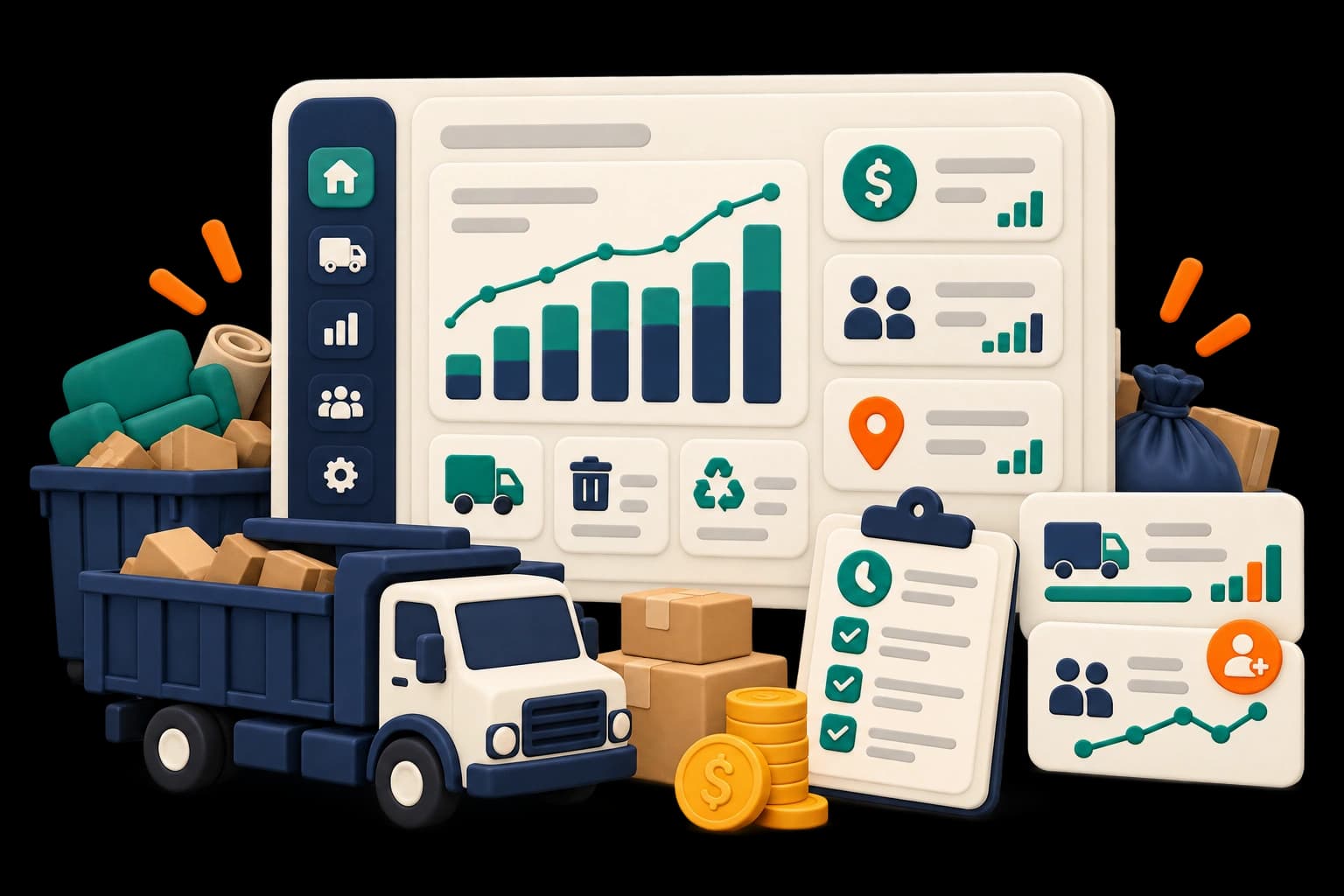 Reporting panels with financial charts, truck performance and recorded work
