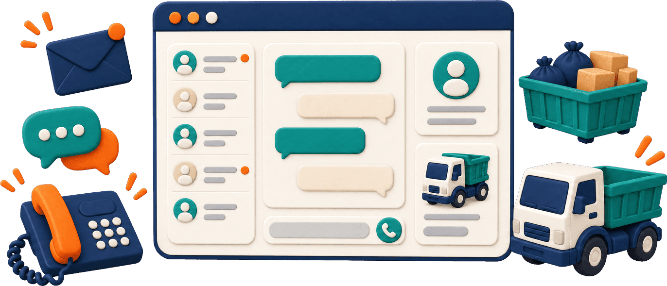 Illustration of a browser window showing a message inbox with chat bubbles and a call button, beside a desk phone, speech bubbles, an envelope, a dumpster and a junk truck