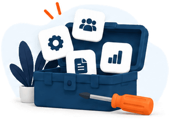 Illustration of an open toolbox holding settings, team, document and chart tiles, with a screwdriver