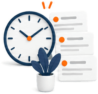 Illustration of a wall clock beside a stack of task cards and a potted plant